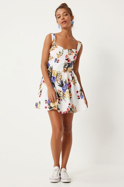 Happiness İstanbul Ecru-rosa Sommerkleid mit Blumenmuster und dicken Trägern für Damen - FN03256
