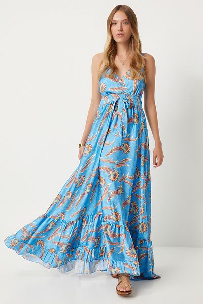 Happiness İstanbul Blau gemustertes Sommerkleid aus Satin für Damen - DP00208