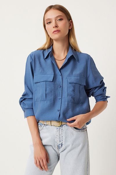 Happiness İstanbul Indigo Blue Wide Pocket Women's Tensel Shirt - FN03243