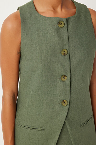 Happiness İstanbul Green Green Fleto Detailed Long Women's Vest - FN03239