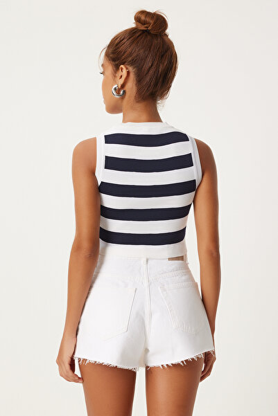 Happiness İstanbul Námořnická modrá bílá pruhovaná dámská pletená halenka – bez rukávů FN03258