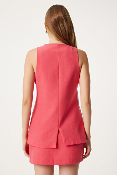 Happiness İstanbul Dark Pink Women's Vest - Fleto Pocket Detail, Long Woven FN03239