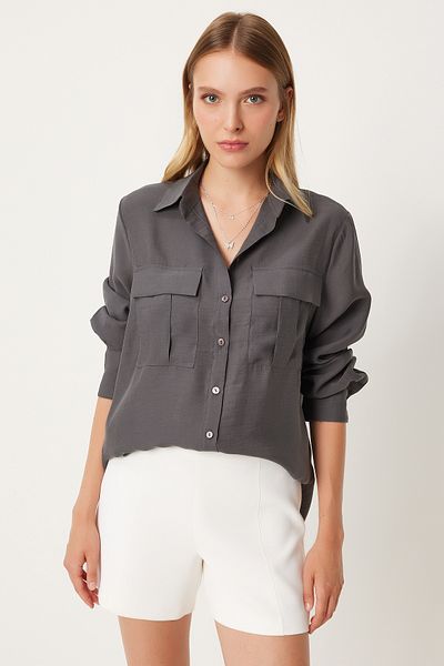 Happiness İstanbul Anthracite Viscose Women's Shirt - Wide Pocket FN03243