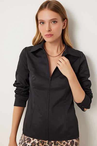 Happiness İstanbul Women's Black Shirt - Comfortable Zippered FN03242