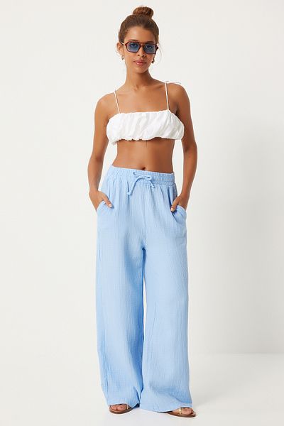 Happiness İstanbul Dámské kalhoty Sky Blue Muslin Palazzo - MX00160
