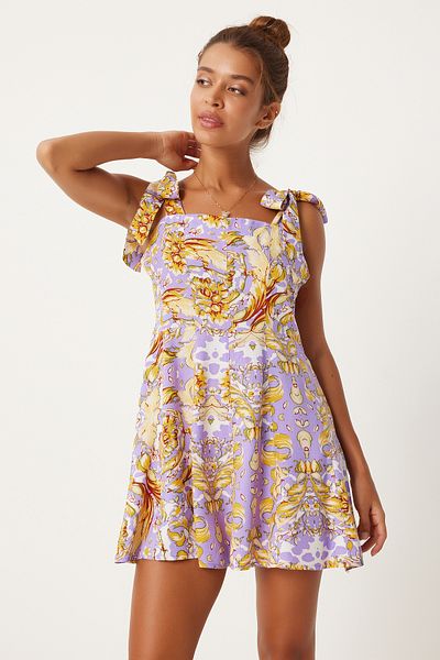 Happiness İstanbul Lila-gelbes gemustertes Viskose-Mini-Sommerkleid – Dicke Träger FN03238