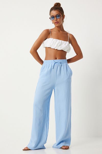 Happiness İstanbul Dámské kalhoty Sky Blue Muslin Palazzo - MX00160