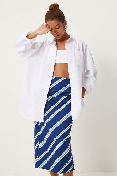 Happiness İstanbul Cămașă albă oversize pentru femei - cu buzunare, FN03262