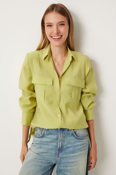 Happiness İstanbul Oil Green Women's Shirt with Large Pockets - Tensel FN03243