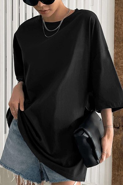 Tricou de damă, negru, simplu, neimprimat, supradimensionat Salas Boyfriend