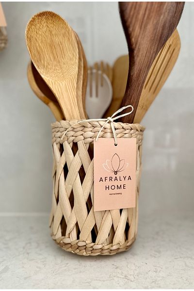 AFRALYAHOME 15 εκ. Ψάθινη Γλάστρα Τακτοποιητής - Κουτάλα, Πάγκος, Θ holder κουταλών και Organizer Τραπέζι και Ξύλο