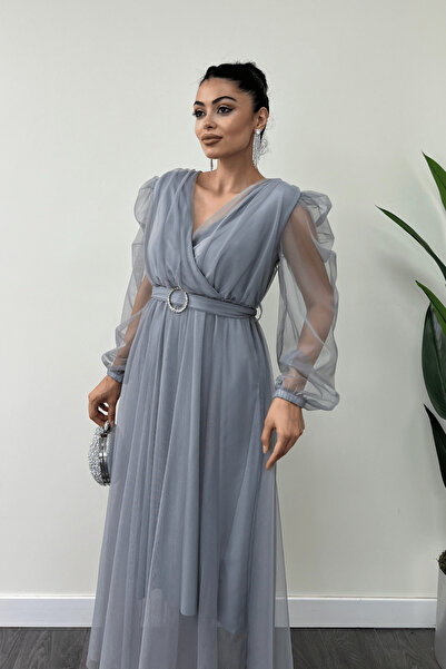 giyimmasalı Double-breasted Collar and Stone Belt Detailed Gray Tulle Dress