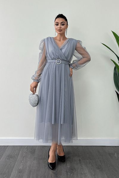 giyimmasalı Double-breasted Collar and Stone Belt Detailed Gray Tulle Dress
