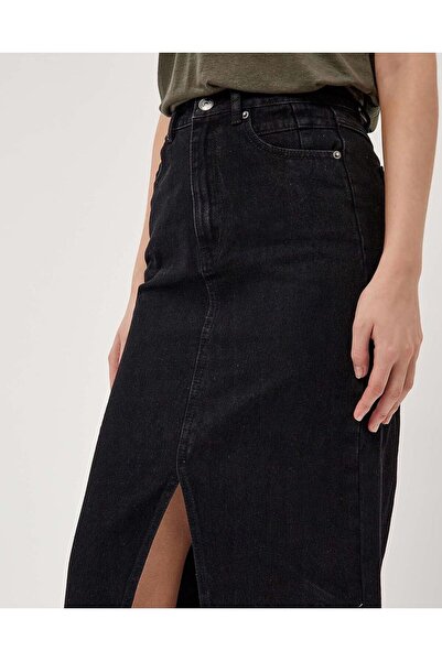 SUDEM BUTİK Dámská džínová sukně v antracitové délce s rozparkem Midi