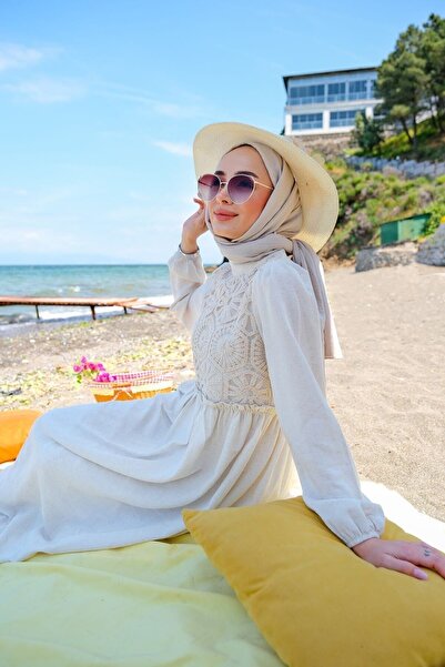 LOCCO Dantel Detaylı Astarlı Dar Kalıp Keten Tesettür Elbise Taş