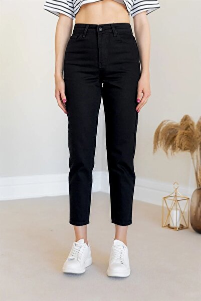 mooishan Elisa Siyah Mom Jeans, Μαύρο Γυναικείο Τζιν Παντελόνι Boyfriend