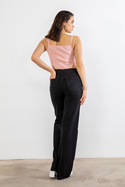 mooishan بنطلون جينز أسود فضفاض لا يبهت - بنطلون جينز ليكرا فضفاض