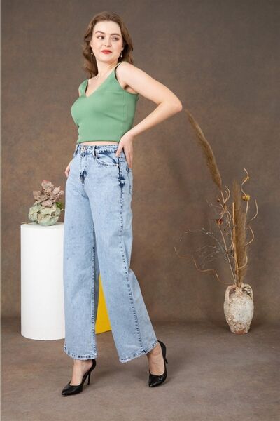 mooishan Blugi largi de damă cu spălare pe zăpadă cu picioare largi, blugi de...