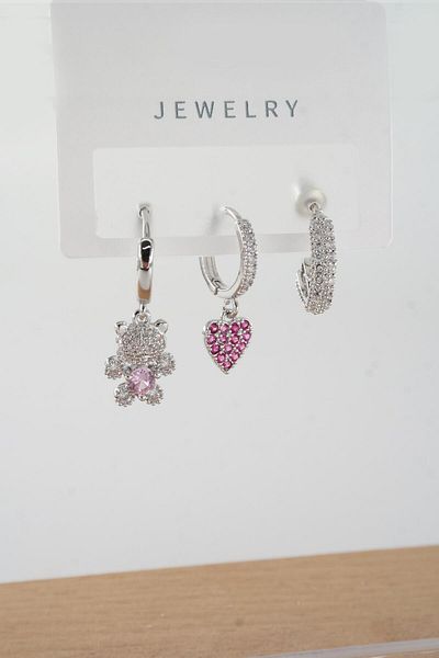 By Zeyna Aksesuar Vip Series Zircon Stone 3-Piece Mixed Figure Earrings - zrk00570