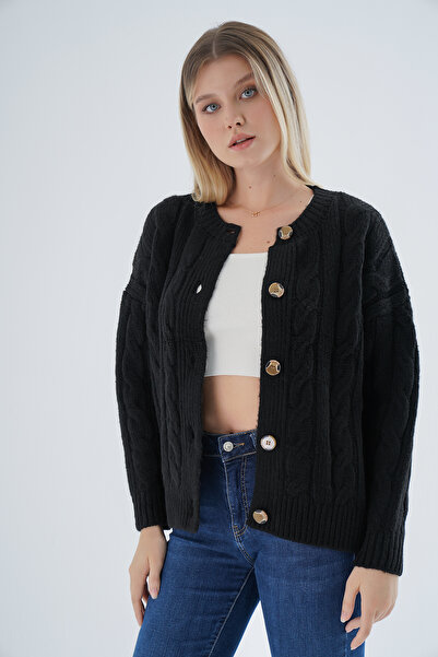 Trist Star Kadın Siyah Oversize Bisiklet Yaka Düğmeli Saç Örgülü Yün Karışımlı Triko Örme Hırka TRIST-6166