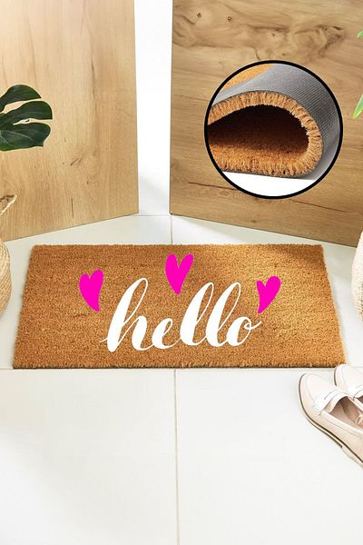 Paspas Yap Hello Written Heart Door Mat Koko Mat Bristle Mat Exterior Door Mat Entrance Mat