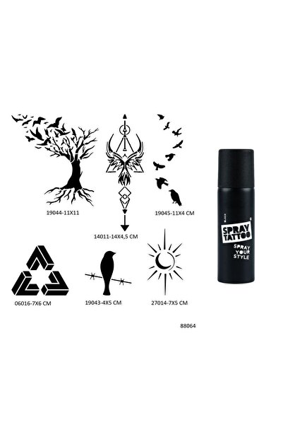 Airbrush Tattoo Hayat Ağacı ve Kuşlar 6 Adet Şablon ve Siyah Sprey Geçici Döv...