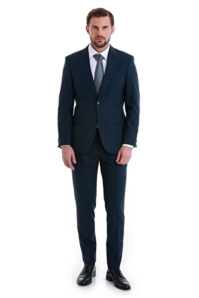 Hatemoğlu Lacivert Slim Fit Çizgili Sivri Yaka Klasik Takım Elbise