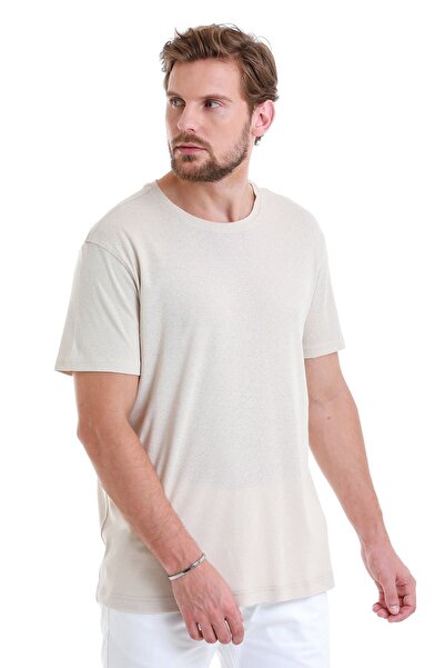 Hatemoğlu Λινό μπλουζάκι Ecru Regular Fit Solid Crew Neck