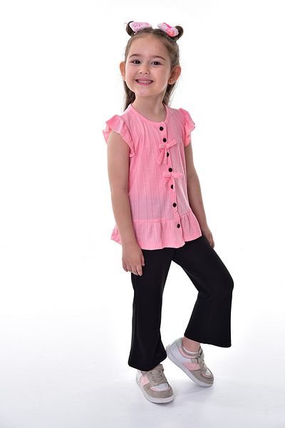 ZUZUNGA Girl's Suit Set with Ruffle Sleeves and Buttoned Bow Detail