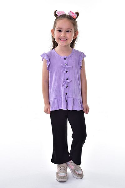 ZUZUNGA Girl's Suit Set with Ruffle Sleeves and Buttoned Bow Detail