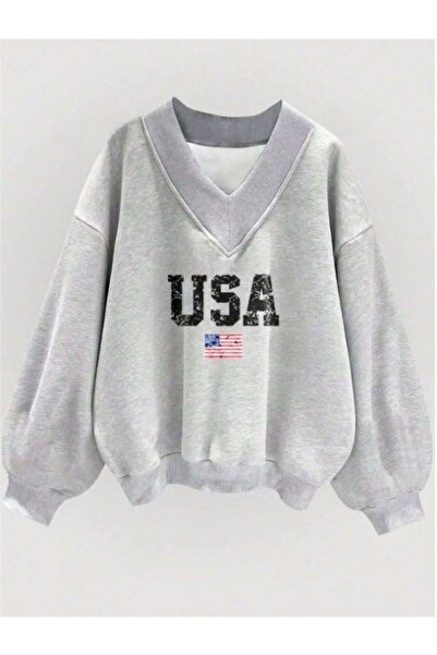 MOONBULL Hanorac supradimensionat pentru femei cu decolteu în V cu imprimeu SUA