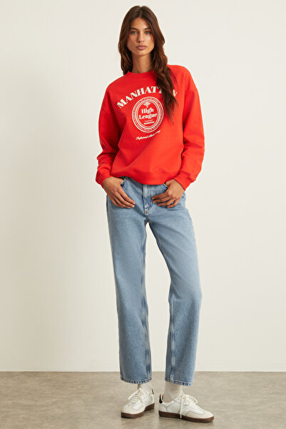 GRIMELANGE Anny Women's Print Detailed 100% Organic Cotton Round Neck Long Sleeve Red Sweatshirt