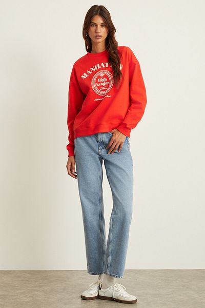 GRIMELANGE Anny Women's Print Detailed 100% Organic Cotton Round Neck Long Sleeve Red Sweatshirt