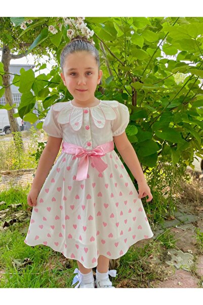 Portakal Bebek KALP BASKILI BEBE YAKALI DÜĞMELİ ELBİSE