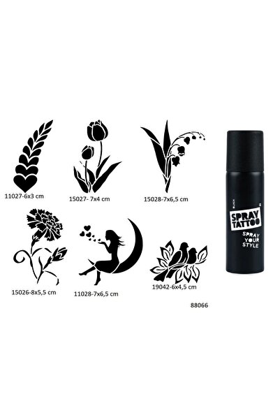 Airbrush Tattoo Çiçek Melek 6 Adet Şablon ve Siyah Sprey Geçici Dövme Seti