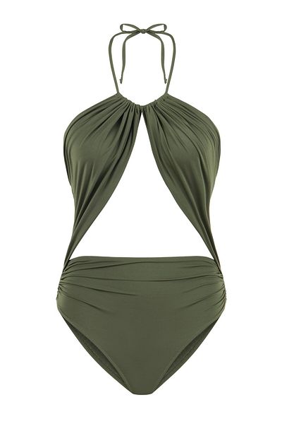 AQUELLA Halter Neck Low-Cut Khaki Swimsuit