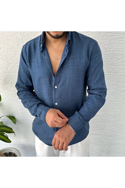 tetramoda Πουκάμισο από λινό Navy Blue Crinkle