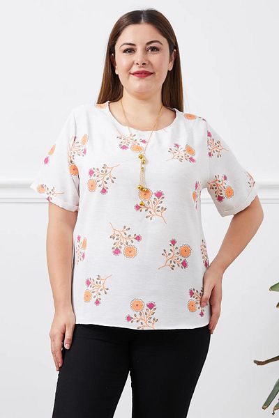 Go Veform Plus Size Floral Print Linen Blouse - Short Sleeve, Orange ZN5051