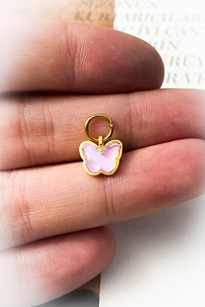roshel Pembe Mineli Kelebek Model Altın Kaplama Kolye Ucu