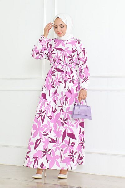 Bestenur Lilac Lily Patterned Bat Sleeve Dress - 1065