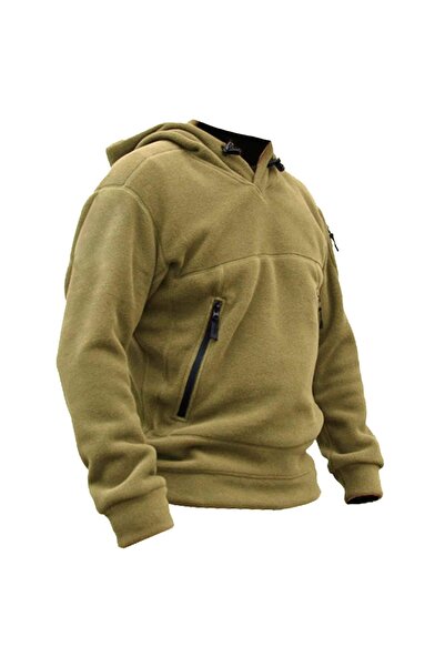 GENIUS STORE Men's Fleece Outdoor Hoodie Beige Kombat Tactical Pocket Fleece