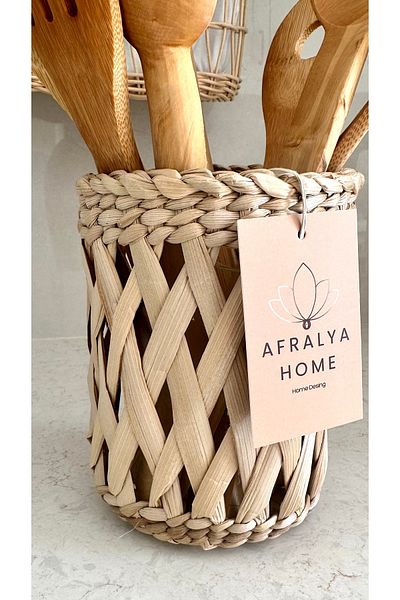 AFRALYAHOME 15 εκ. Ψάθινη Γλάστρα Τακτοποιητής - Κουτάλα, Πάγκος, Θ holder κουταλών και Organizer Τραπέζι και Ξύλο
