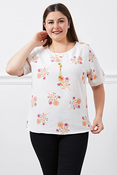 Go Veform Λινά μπλούζα με στάμπα λουλουδιών σε μεγάλο μέγεθος - κοντό μανίκι, πορτοκαλί ZN5051