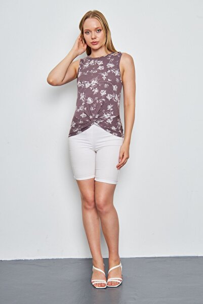 ESPİNA Kadın Gül Desenli Önü Burgulu Omuz Damla Detaylı Kolsuz Bluz