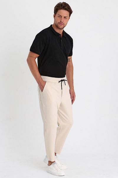 COMBİNE MİCHAİL Pantaloni de jogger pentru bărbați cu model otoman - CREAM cu bumbac, talie elastică și șnur