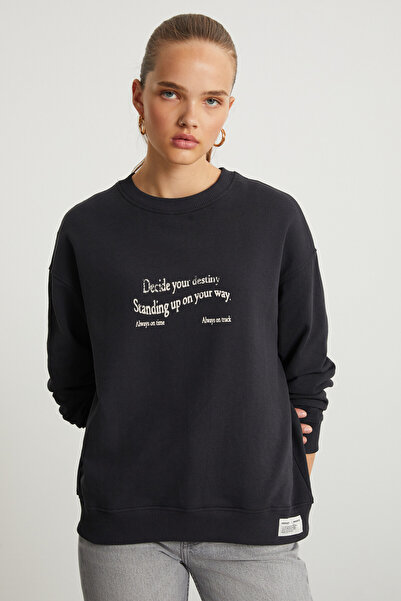 GRIMELANGE Ronja Printed Oversize Fit Round Collar Long Sleeve Ornamental Label Detailed Anthracite Sweatshirt