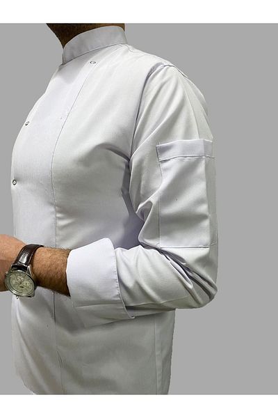 Kawork White Chef Long Sleeve Staff Apron with Snap Fasteners