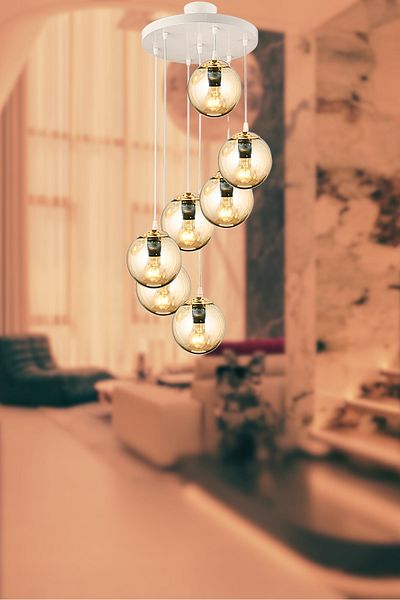 SONSUZ AYDINLATMA&AVİZE Endless Pendant Lamp Tray White 7-Piece Honey Globe Glass Luxury Chandelier