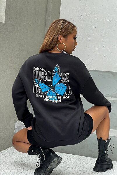 MODAGEN Γυναικεία μπλούζα με στάμπα με πεταλούδα μπροστά και πίσω, μαύρη μπλούζα με λαιμόκοψη