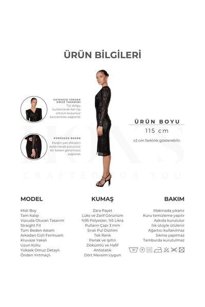 HOX'S Grace | Payetli Uzun Kollu Midi Kalem Abiye Elbise Kruvaze Yaka Önden Yırtmaçlı - Siyah